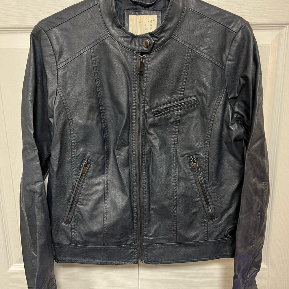 A New Day Ladies Dark Blue Faux Leather Moto Jacket | Size L